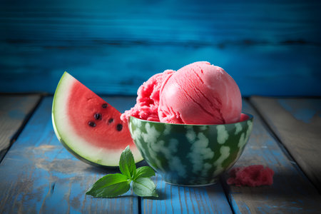 Watermelon ice cream in a bowl with mint and watermelon on wooden backgroundの素材