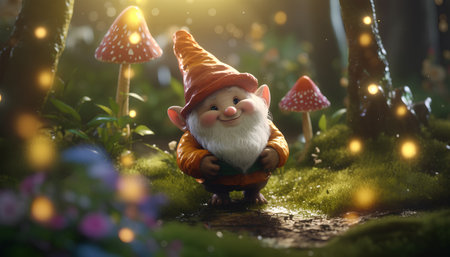 Garden gnome in the forest. 3d rendering illustration.の素材