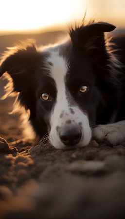 Funny portrait of cute smilling puppy dog border collie at sunset beach. New lovely member of family little dog gazing and waiting for reward. Pet care and animals conceptの素材
