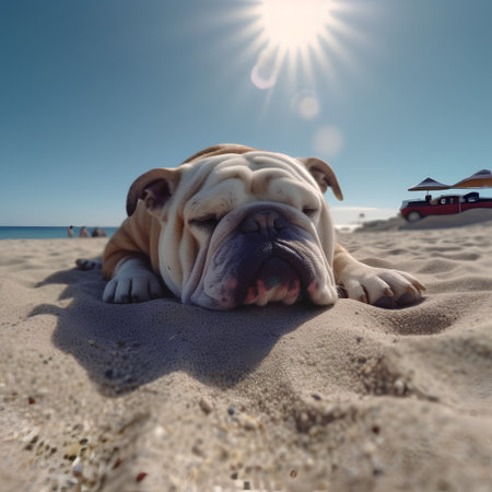 english bulldog lying on the beach with sun flare in the backgroundの素材