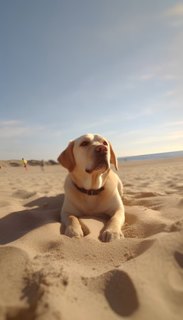 Labrador retriever dog lying on the sand in a sunny dayの素材
