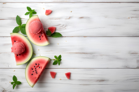 Slices of watermelon with mint leaves and ice cream on white wooden backgroundの素材