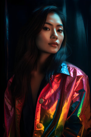 A portrait of a beautiful asian woman in a leather jacket.の素材