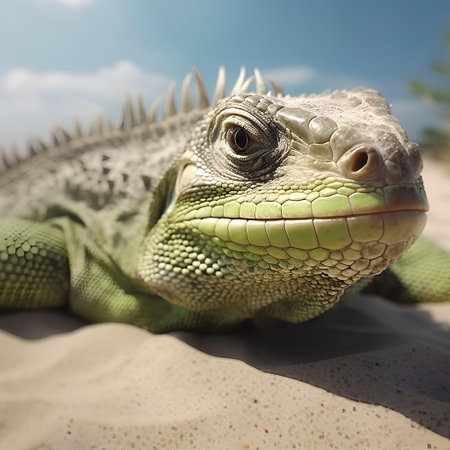 Green iguana on the sand, close-up, blue sky backgroundの素材