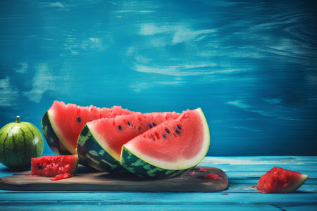 Slices of ripe watermelon on a blue wooden background. Toned.の素材