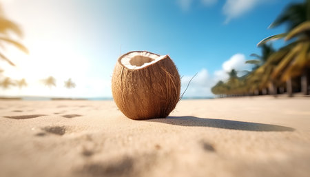 Coconut on the beach with palm trees in the background.の素材