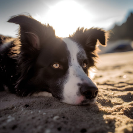 Funny portrait of cute smilling puppy dog border collie on the beach at sunset or sunrise. Pet care and animals concept.の素材