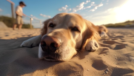 Golden Retriever lying on the sand and looking at the cameraの素材