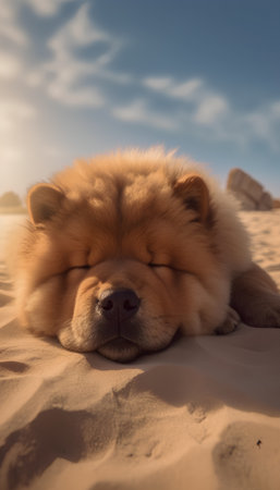 Cute chow chow dog sleeping on the sand at sunsetの素材