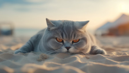 Portrait of a beautiful cat lying on the sand at sunset.の素材