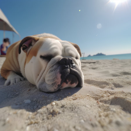 english bulldog lying on the sand on a sunny day in summerの素材