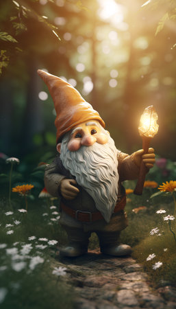 Garden gnome with a burning torch in the forest. Christmas concept.の素材