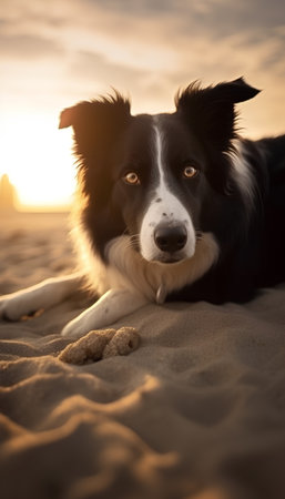 Funny portrait of cute smilling puppy dog border collie laying on sandy beach at sunset. Pet care and animals conceptの素材