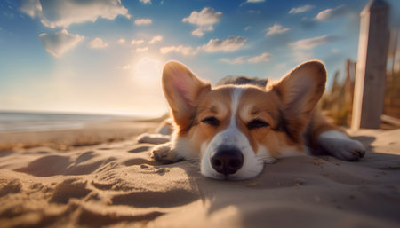 Welsh corgi dog lies on the sand on the beach at sunsetの素材