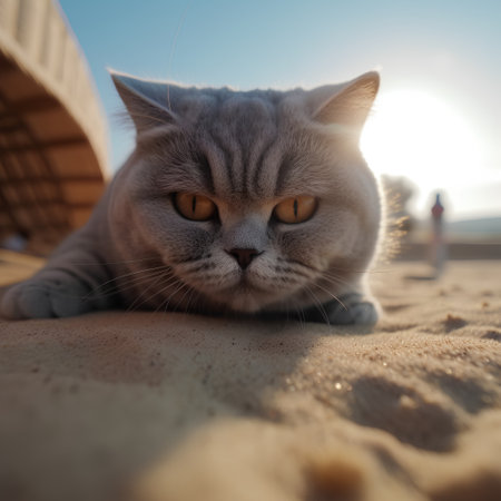 British Shorthair cat lying on the sand in the sun.の素材