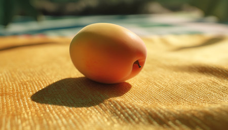 Ripe apricot on a yellow tablecloth. Selective focus.の素材