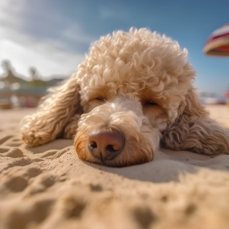 Australian Labradoodle lying on the sand at the beach in summerの素材