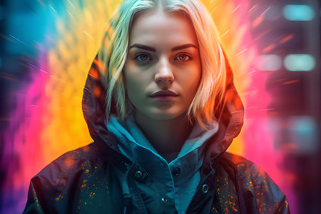 Portrait of a young woman in a hood on a colorful background.の素材