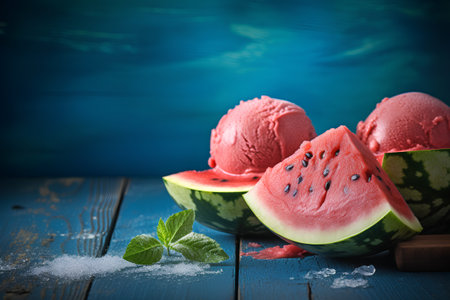 Watermelon ice cream with mint leaves and sea salt on blue wooden backgroundの素材