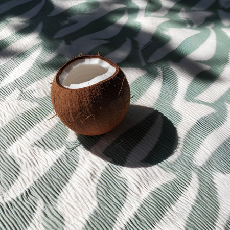 Coconut with shadow on a striped background. 3d renderingの素材