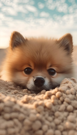 Cute Pomeranian dog looking at the camera on a soft blanketの素材