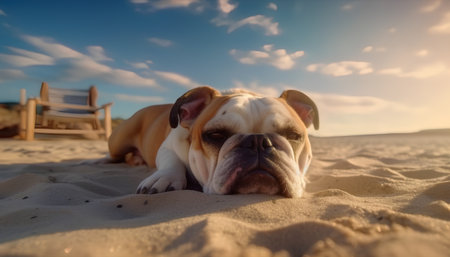 French bulldog lying on the sand on a beach in the eveningの素材