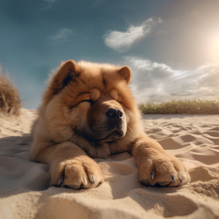 Cute chow chow dog lying on the sand in the sunsetの素材