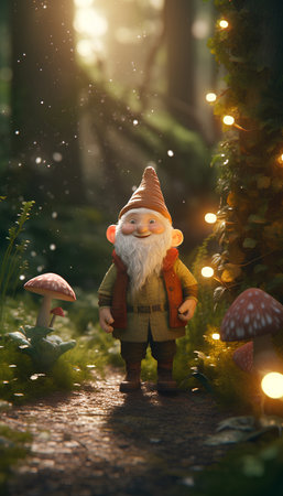 Garden gnome standing in a forest with mushrooms and lights.の素材