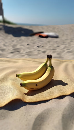 Two bananas on the beach. Selective focus. Shallow depth of field.の素材