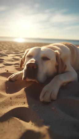 Labrador retriever lying in the sand on the beach at sunsetの素材