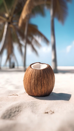 Coconut on the beach with palm trees in the background.の素材