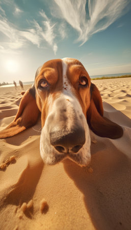 Beagle dog lying in the sand on the beach at sunset.の素材