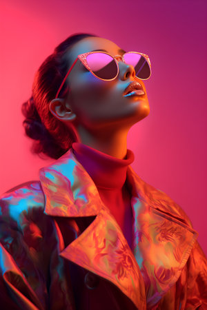 Fashion portrait of a beautiful young woman in sunglasses. Bright colors.の素材