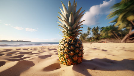 Pineapple on the beach. Summer holiday concept. 3D Renderingの素材