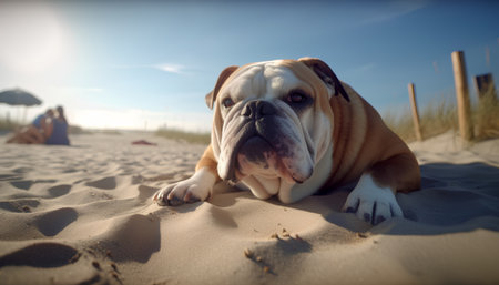 english bulldog lying on the sand at the beach and looking at the cameraの素材