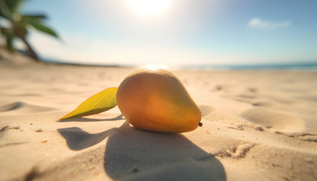 Mango on the beach. Summer background. Selective focus.の素材