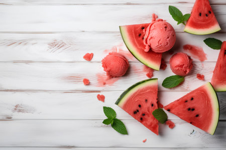 Slices of watermelon with ice cream on white wooden backgroundの素材