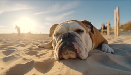 English bulldog lying in the sand at sunset. Close up.の素材