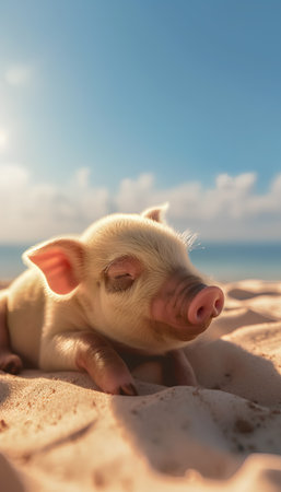 Cute little piglet lying on the sand on the beach.の素材