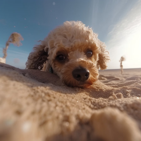 Cocker Spaniel puppy in the sand on the beach at sunsetの素材