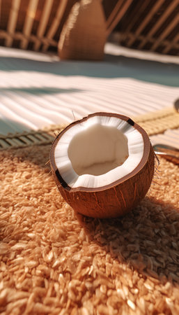 Coconut on a bamboo mat in the sun. Close-up.の素材