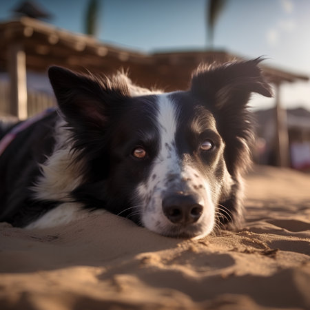 Portrait of border collie dog lying on the sand at sunsetの素材