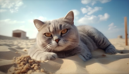 British Shorthair cat lying in the sand on a sunny dayの素材