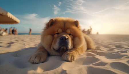 Cute chow chow dog lying on the beach with sunsetの素材