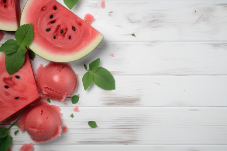 Watermelon ice cream with mint leaves on white wooden table. Top view with copy spaceの素材