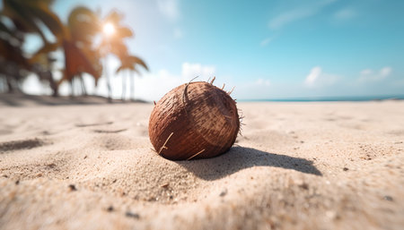 Coconut on the beach with palm trees and blue sky backgroundの素材