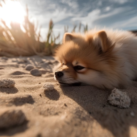 Pomeranian dog lying on the beach in the sunset light.の素材