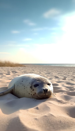 seal resting on the sand on the seashore at sunsetの素材