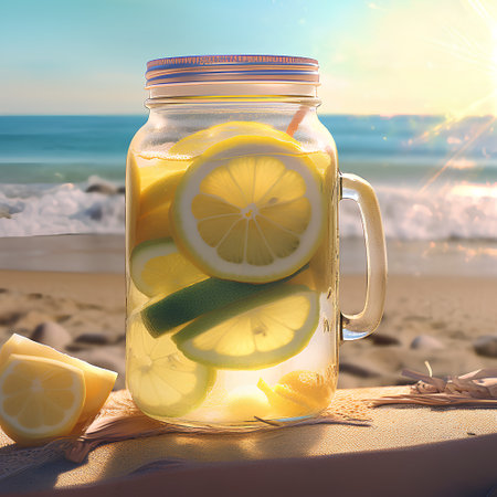 Mason jar of lemonade with fresh lemons and lime on the beach.の素材