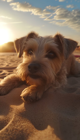 Cute dog lying in the sand on the beach at sunset.の素材